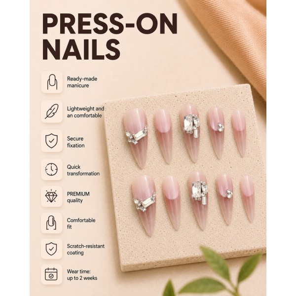 Nude‑Pink Gradient Long Stiletto Almond Press‑On Nails, Luxury Large Square Rhinestone Gorgeous Elegant False Nails